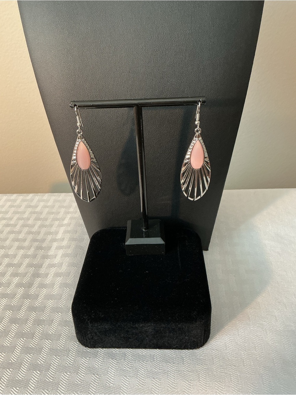 Rose Quartz Teardrop Resin Silver Tone Earrings